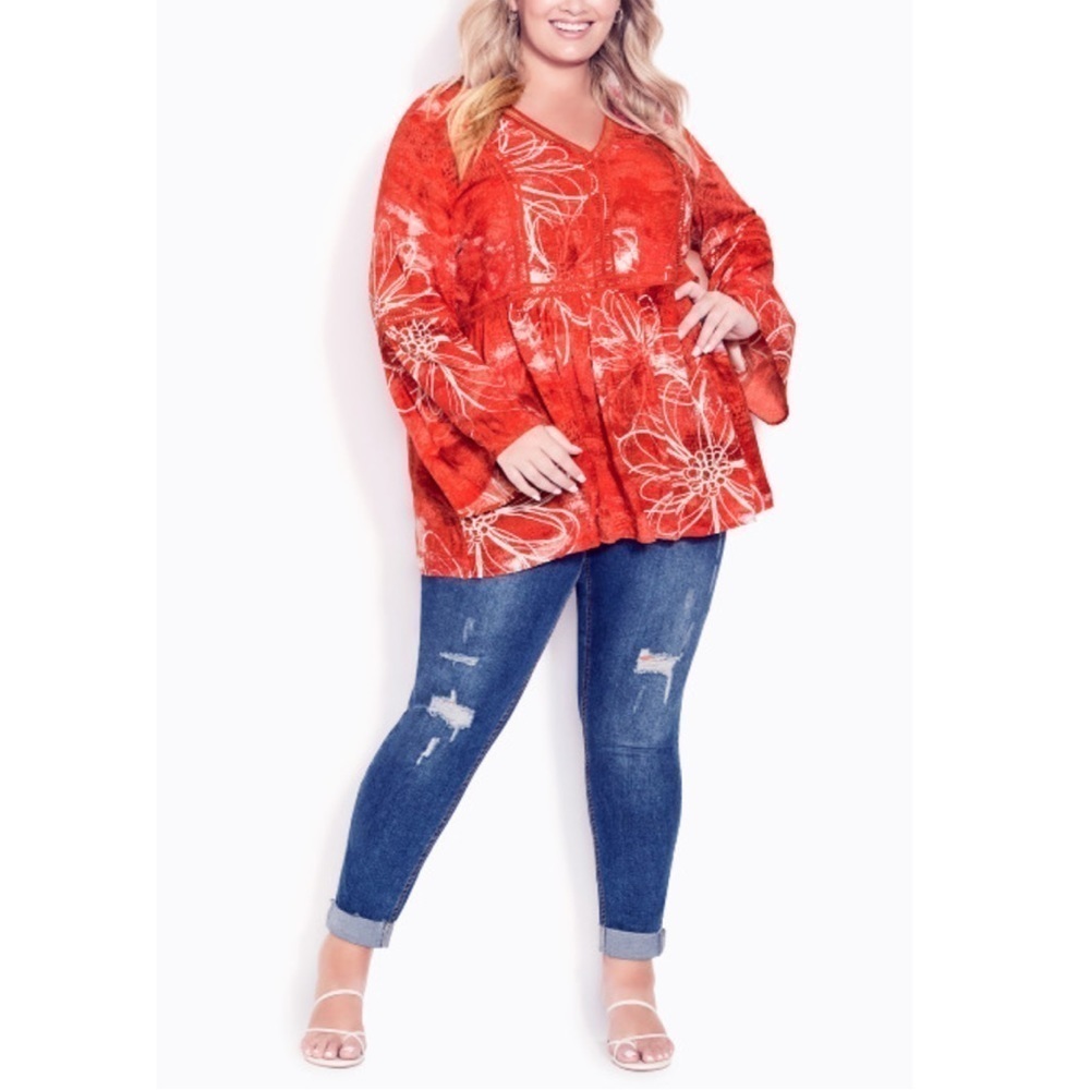 AVENUE 18W-28W Coral Boho Bell Sleeve Top AA08.8 - Picture 2 of 8